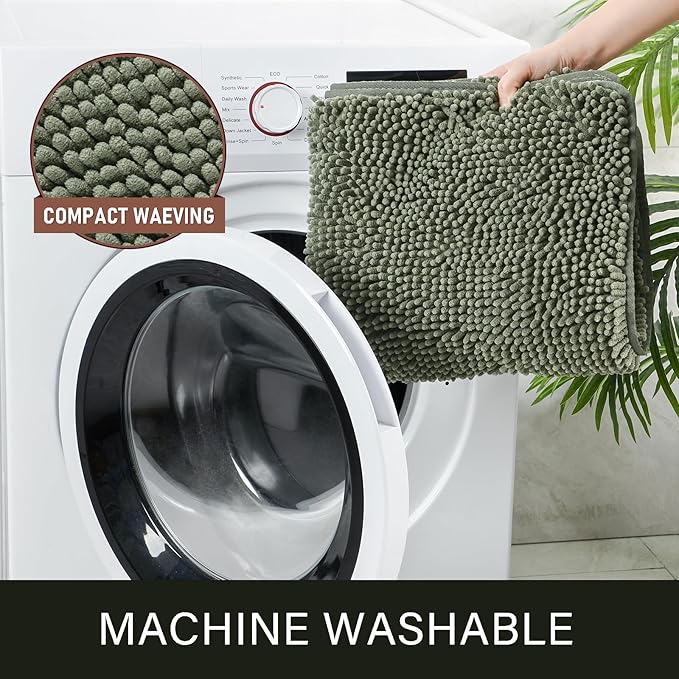 LOCHAS Luxury Bathroom Rug Shaggy Bath Mat 24 x 54 Inch, Washable Non Slip Bath Rugs for Bathroom Shower, Soft Plush Chenille Absorbent Carpets Mats, Sage Green