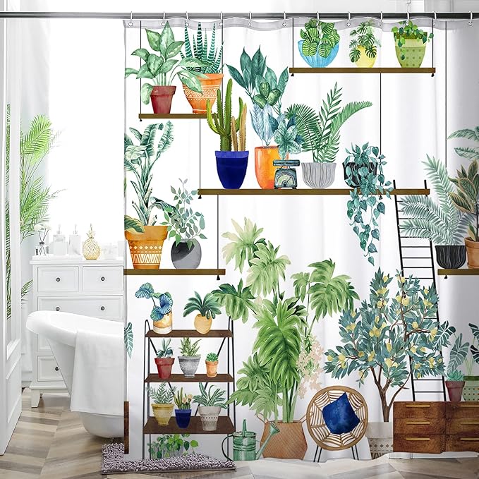 HMS Happy Memories Bohemian Plant Boho Floral Print Shower Curtain, Polyester Fabric Cloth for Bathroom Decor 72×72 Inch Standard Size with 12 Hooks, Also as Room Divider (Color 17)