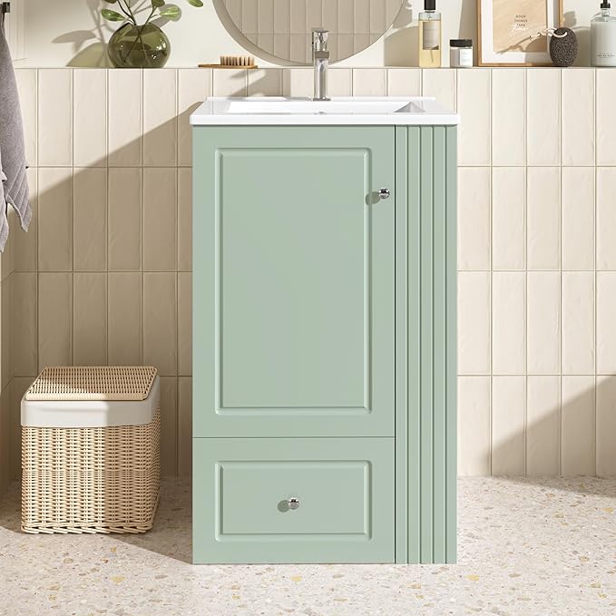Virubi 20 in Small Bathroom Vanity with Sink,Drawer,Doors and Side Storage & Toilet Paper Holder, Solid Wood & MDF Modern Single Bathroom Sink Cabinet with Drawers,Freestanding (Green,20 in)