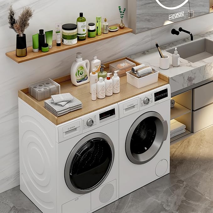 efluky Washer Dryer Countertop, Wood Countertop with Edge Rails for Laundry Room Organization and Storage, Washer Dryer Topper for Laundry Room, 27.5" x 54" Oak