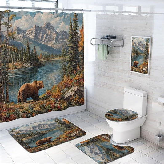 4 Pcs Rustic Bear Shower Curtain Set with Rugs,Toilet Lid Cover, Bath Mat, Lake Country Lodge Cabin Farmhouse Camp Woodland Shower Curtain with 12 Hooks, Durable Bathroom Decor Set