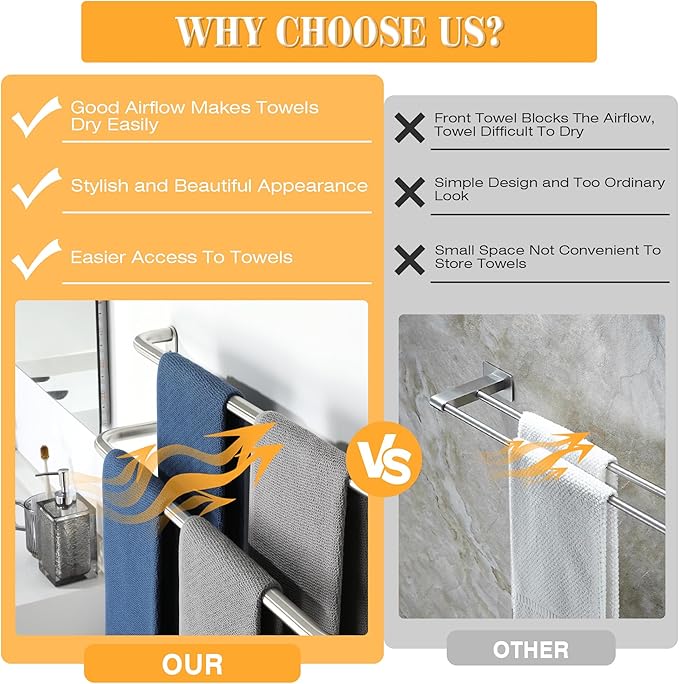 Alise Double Towel Bar,28 Inch Towel Racks for Bathroom, SUS304 Stainless Steel Towel Bar for Bathroom Wall,Quick Drying Bathroom Towel Holder Bath Towel Hanger,Brushed Nickel