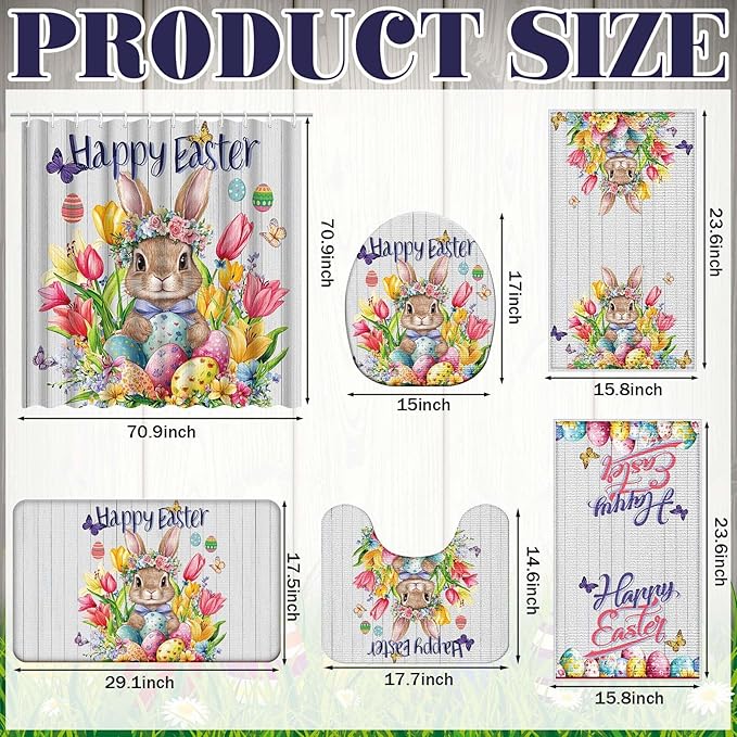 Nuanchu 6 Pcs Easter Shower Curtain Set with Rug Happy Easter Bunny Bathroom Sets with Shower Curtain Bath Mat U Shaped Mat Toilet Lid Cover 2 Bath Towels and 12 Hooks Rabbit Flower Bathroom Decor