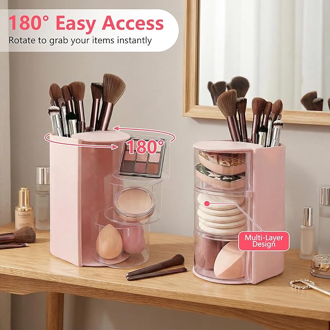 Hair Accessories Organizer with Hair Brush Holder - Rotatable Makeup Brush Organizer and Jewelry Storage Box for Necklaces, Earring, Bracelet, Makeup Brushes, Hair Clip and Hair Accessories (Pink)