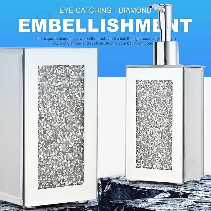 Luxury 2-Piece Bathroom Set, 150ml Diamond-Embedded Glass Soap Dispenser and Toothbrush Holder, Elegant Vanity Organizer for Modern Bathrooms