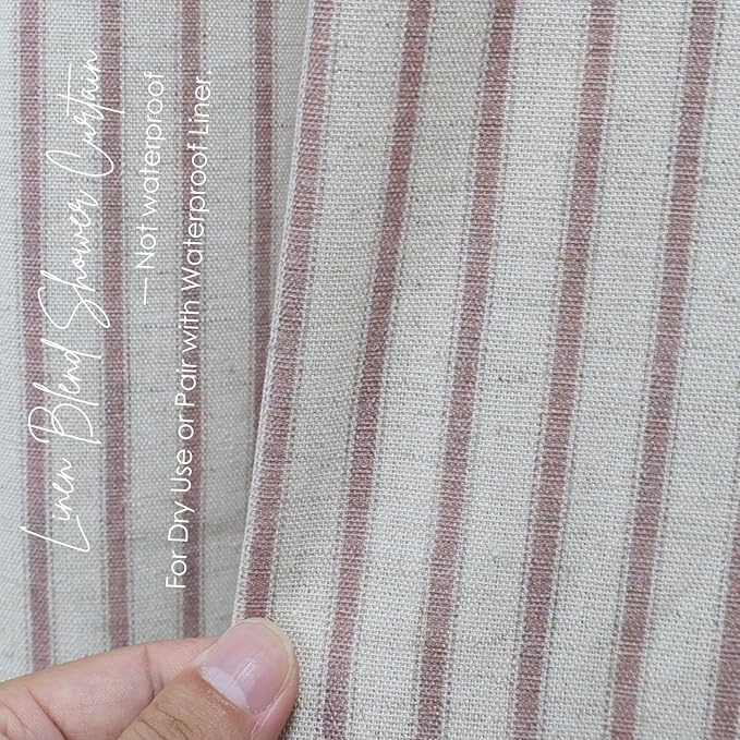 Farmhouse Striped Shower Curtain - 72x72 Inches, Linen Blend Fabric, Breathable & Machine Washable, Rustic Rust for Bathroom Decor (Hooks/Liner Not Included)