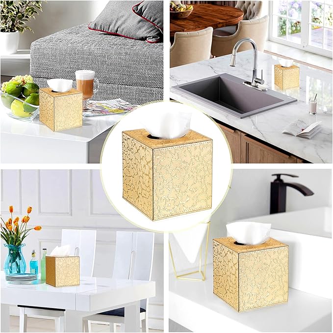 Sumnacon Square Leather Tissue Box Cover - Stylish Cube Tissue Box Holder with Magnetic Bottom, Decorative PU Tissue Box for Vanity Dresser Night Stand Table Countertop Home Office Car, Gold