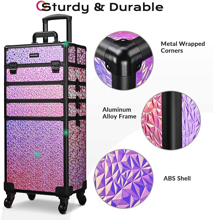 BYOOTIQUE 4in1 Rolling Cosmetology Case on Wheels Hairdressing Brush Bags Cosmetic Organizer Lash Storage Box for Makeup Artist Beauty Salon Nail Technician Hairstylist,Mermaid Pink