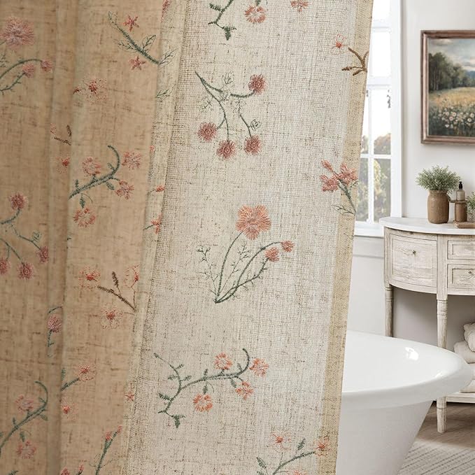 Floral Farmhouse Vintage Linen Shower Curtain, French Country Embroidered Textured Shower Curtains for Bathroom, 72Wx72H