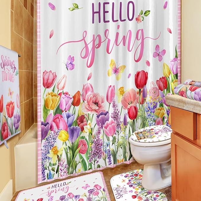 FuWeave 8 Pcs Easter Shower Curtain Sets for Bathroom Hello Spring Easter Shower Curtain Sets with Rugs and Towels, Include Non-Slip Rug, Toilet Lid Cover, Bath Mat and 12 Hooks