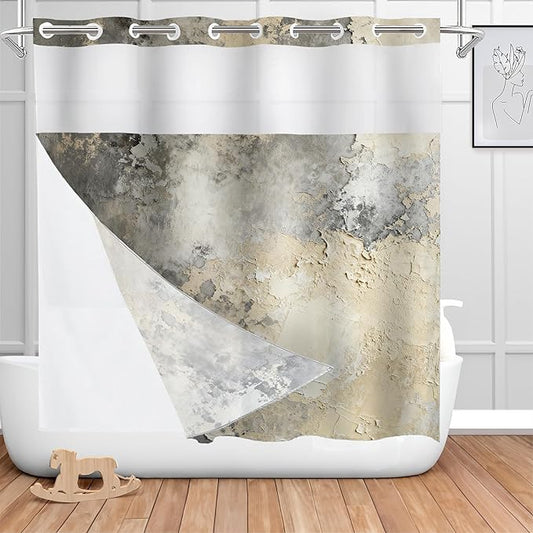 Shrahala Taupe Squares Texture No Hooks Shower Curtain with Snap in Liner Set, Grey and Beige Art Painting Bathroom Décor Polyester Fiber Waterproof for Stall Bathtubs 71 X 74 in