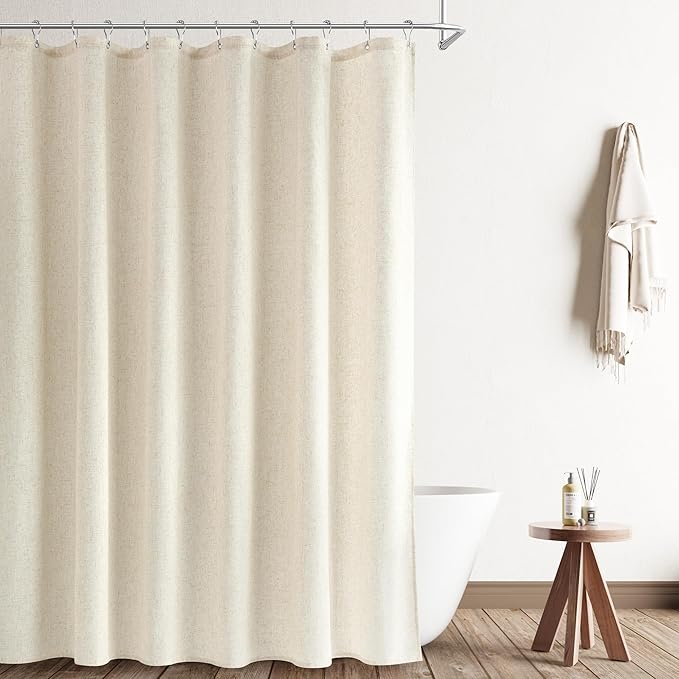Naturoom Light Beige Linen Shower Curtain 80 Inch Long Weighted Fabric Bath Shower Curtain Set with Hooks, XLong Tall Country Farmhouse Nutural Curtains for Bathroom, 72x80