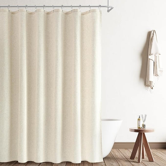 Naturoom Extra Long Light Beige Linen Shower Curtain 88 Inch Long Weighted Fabric Bath Shower Curtain Set with Hooks, XLong Tall Country Farmhouse Curtains for Bathroom, 72x88