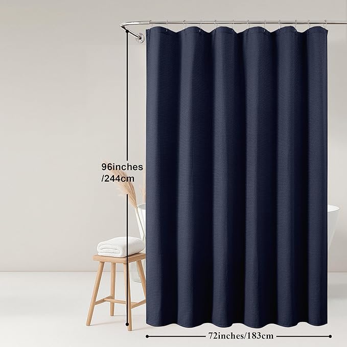 OWENIE Navy Blue Shower Curtain 96 Inch Extra Long, Waffle Weave Textured Fabric Bathroom Curtains, Water Repellent Thick Soft Hotel Spa Luxury Elegant Bath Curtain, Machine Washable, 72x96 Inch