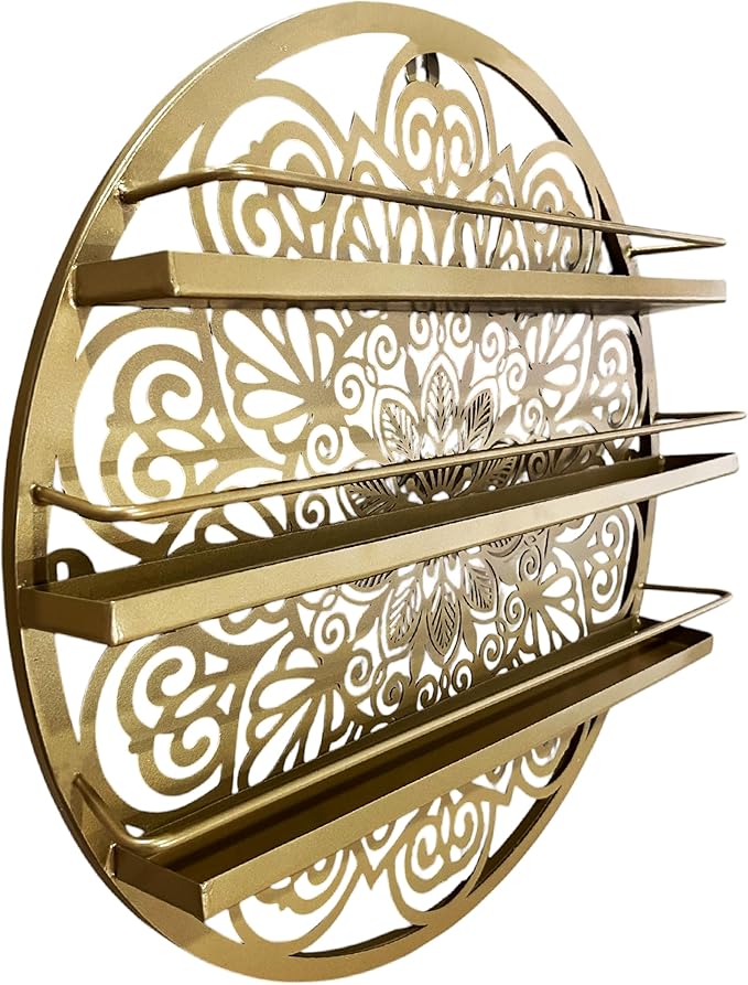 Mandala Shape Shelves, Essential Oil & Nail Polish Organizer - Display Holder Storage Shelf Spice Rack - Black or Gold - Wall Mounted Round Oil Bottle Storage, Cosmetics Display Rack (Gold)
