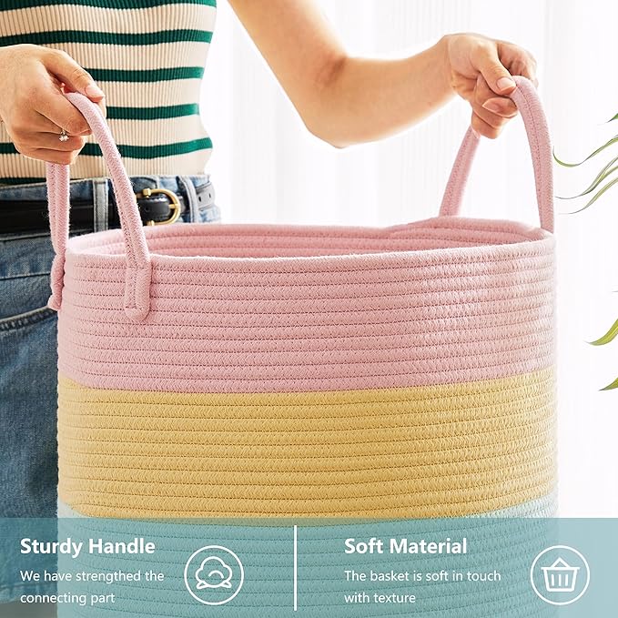 15Dx20H inches Baby Girls Kids Hamper Rainbow Laundry Basket for Nursery Clothes Pastel Unicorn Woven Hamper in Playroom Bedroom 60L Large Tall Blanket Basket
