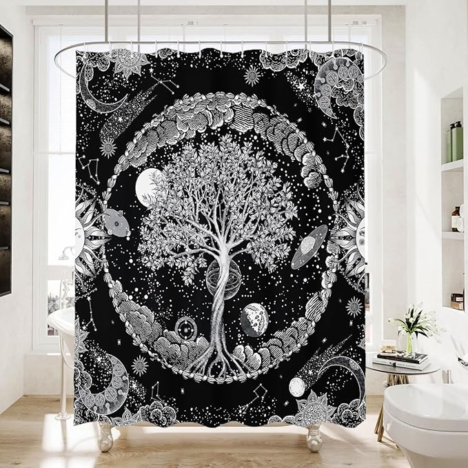 HMS Happy Memories Bohemian Plant Boho Floral Print Shower Curtain, Polyester Fabric Cloth for Bathroom Decor 72×72 Inch Standard Size with 12 Hooks, Also as Room Divider (Black Tree)
