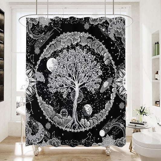 HMS Happy Memories Bohemian Plant Boho Floral Print Shower Curtain, Polyester Fabric Cloth for Bathroom Decor 72×72 Inch Standard Size with 12 Hooks, Also as Room Divider (Black Tree)