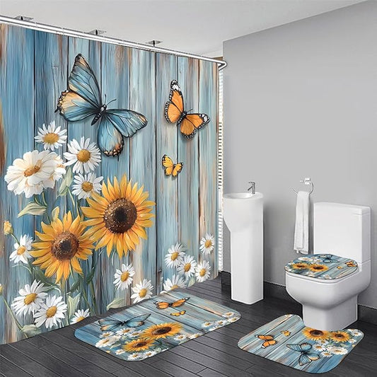 AZHM Rustic Flower Shower Curtain Set Sunflower and Daisy Floral Bathroom Set with Butterfly Accents with Shower Curtain and Bath Mat and 12 Hooks