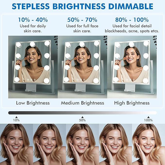 Kottova Makeup Mirror with Lights, 14" x 12" Vanity Mirror, Lighted Makeup Mirror with 3 Color Dimmable Lighting & Touch Sensor, Detachable 10X Spot Mirror, White