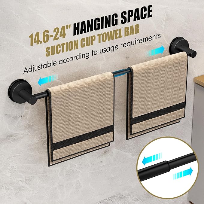 Matte Black Suction Cup Bathroom Accessories Set,Towel Racks for Bathroom,5 Piece Bathroom Hardware Set Restroom Accessories,Includes 24 inch Towel Bar,Towel Ring,Toilet Paper holder,Suction Cup Hooks