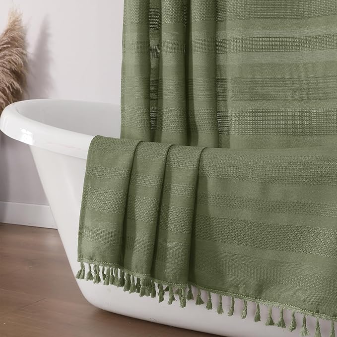 OVZME Sage Green Shower Curtain for Bathroom, Boho Linen Textured Shower Curtain with Tassel, Rustic Striped Heavy Duty Vintage Country Bathroom Curtain, 72Wx72L Inches