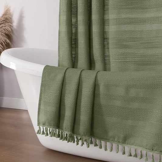 OVZME Sage Green Shower Curtain for Bathroom, Boho Linen Textured Shower Curtain with Tassel, Rustic Striped Heavy Duty Vintage Country Bathroom Curtain, 72Wx72L Inches