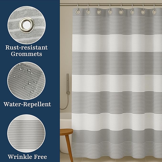 LANE LINEN Luxury Shower Curtain for Bathroom - 72 x 72 inches - Dobby Striped Elegant Texture - Water Resistant, Quick Dry & Easy Care - Reinforced Header with Rust Proof Metal Grommets - Silver