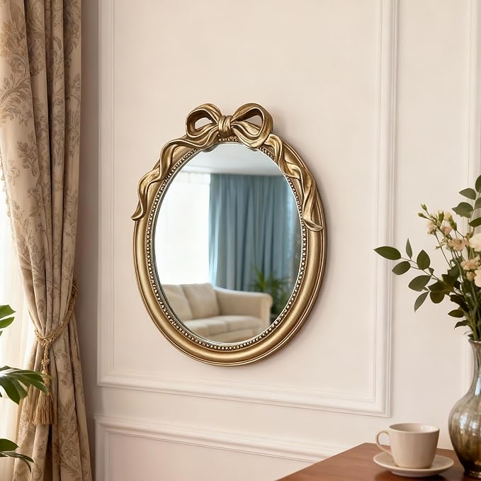Vintage Vanity Desk Mirror - 13x10 Inch Wall-Mounted & Tabletop Decorative Ornate Champagne Gold Accent Retro Makeup Mirror for Bedroom Dresser Bathroom Living Room Dorm Oval