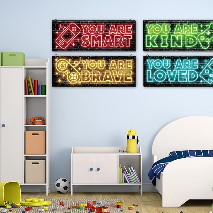 YLOLUL 4 Pieces Neon Gaming Decor for Boys Room Wooden Video Game Wall Art Print Motivational Quote Gamer Hanging Plaques Wall Decor for Boys Kids Room Bedroom Playroom Decorations, 16 X 5 Inches