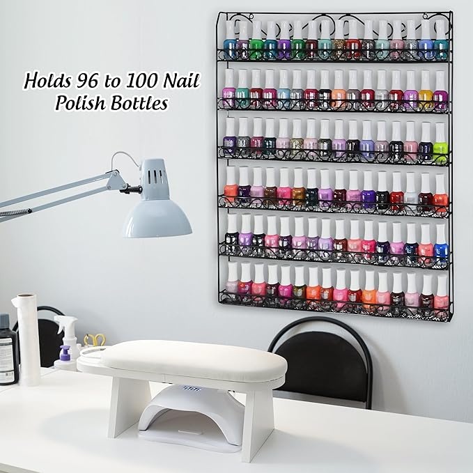 AMT 6 TIER Metal Nail Polish Racks, Fit Up To 108 BOTTLES, Black Wall Mounted, Display for The Wall, Young Living Essential Oils Organizer for Home Salon Business Spa (108 Bottles)
