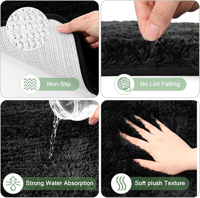 Fanfanwin 3 Pcs Bathroom Curtain Sets with Shower Rug and Towel Waterproof Shower Curtain Non Slip Bathroom Rug Bath Mat Soft Hand Towel with 12 Hooks for Hotel Decor(Black)