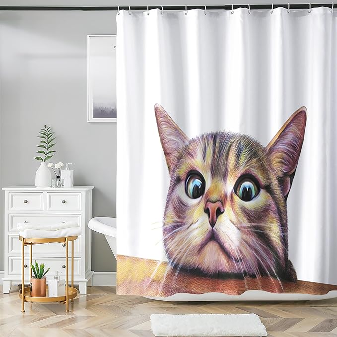 HMS Happy Memories Bohemian Plant Boho Floral Print Shower Curtain, Polyester Fabric Cloth for Bathroom Decor 72×72 Inch Standard Size with 12 Hooks, Also as Room Divider (White Cat)