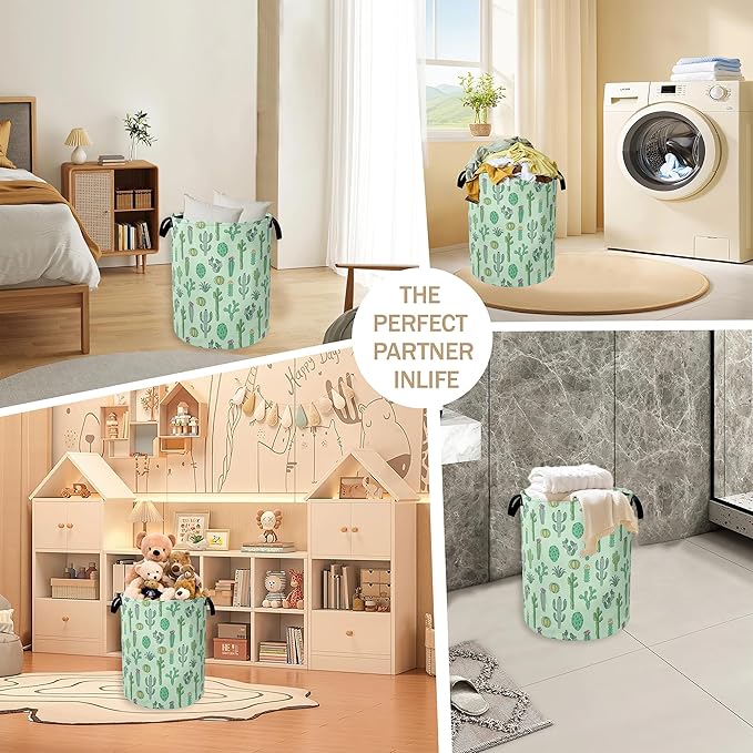 Collapsible Laundry Basket,Green Cactus Dirty Clothes Hamper,Succulent Plants Hampers for Bedroom Waterproof Oxford Cloth Storage Organizer for Bathroom,Nursery,Dorm,16x20 Inch