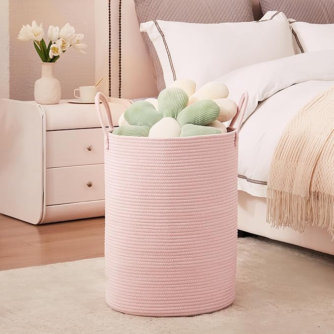 Large Pink Laundry Basket 15x20 Inches, 60L Woven Rope Hamper for Baby Girls and Kids, Nursery Storage Bin for Girls Room, Kawaii Bedroom Laundry Hamper