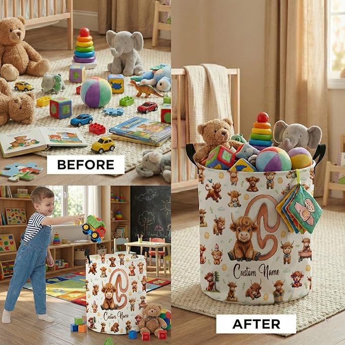 Personalized Highland Cow Laundry Baskets,Custom Cow Gifts, Customized Laundry Hamper for Kids Boys Girls Adults Room,Collapsible Clothes Storage Organizer,16.5 X 13.8in