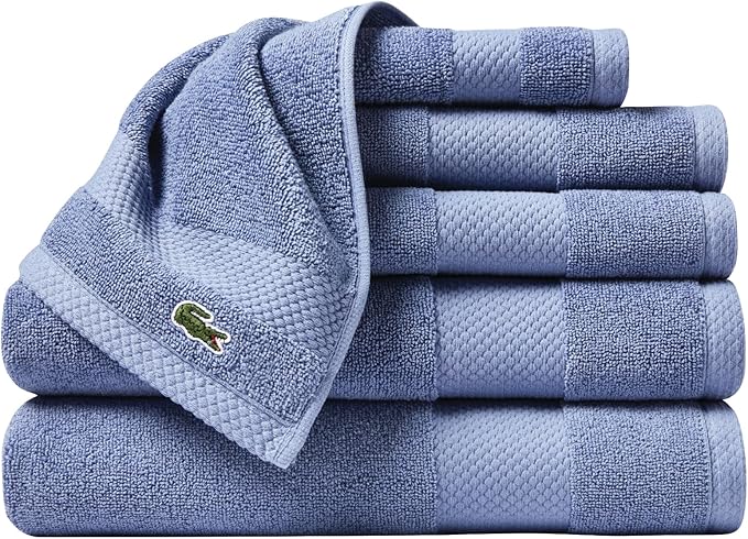 Lacoste Heritage Anti-Microbial Supima Cotton 6-Piece Towel Set, 2 Bath Towels, 2 Hand Towels, 2 Washcloths, Light Denim – Highly Absorbent & Quick Drying, Bathroom Essential, Machine Washable