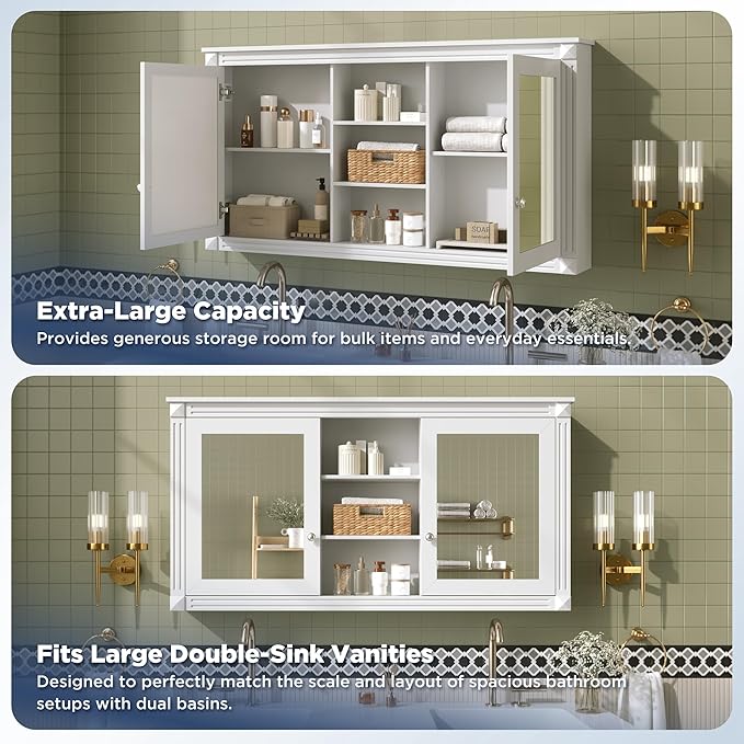 Merax Bathroom Medicine Cabinet with Mirror Door & Adjustable Shelf, 55" x 28" Wall Mounted Bathroom Storage Cabinet with Mirror, Over The Toilet