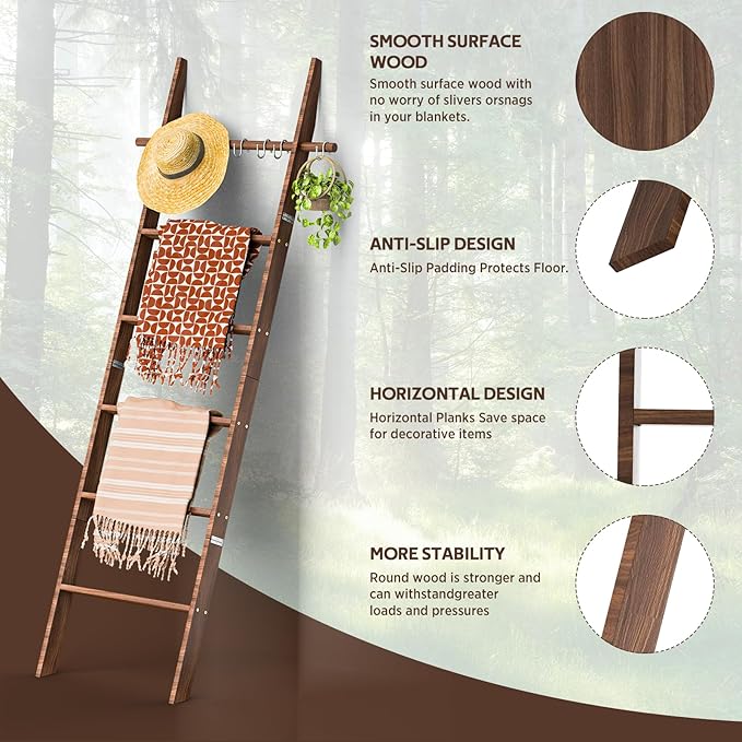 Farmhouse Wooden Blanket Ladder with Removable Hooks, 6-Tier Rustic Blanket Rack Decorative Stand, Leaning Towel Quilt Rack Holder for Bathroom Living Room Decor Brown