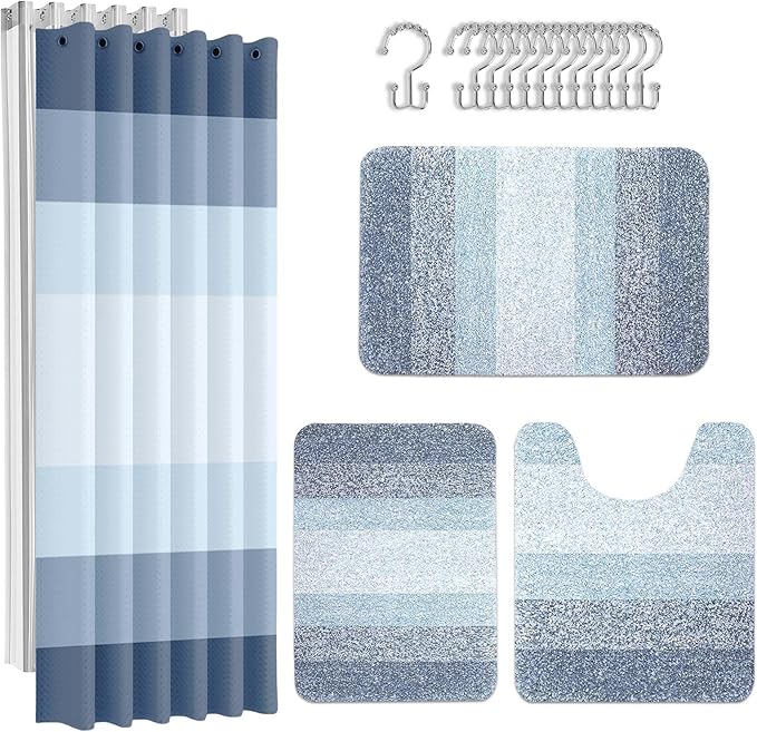 Britimes Blue Stripes Bathroom Sets with Shower Curtain and Rugs, Modern Minimalist Ombre Striped Waterproof Shower Curtain Liner and Soft Non Slip Bath Mat for Bathroom Decor and Accessories Hooks