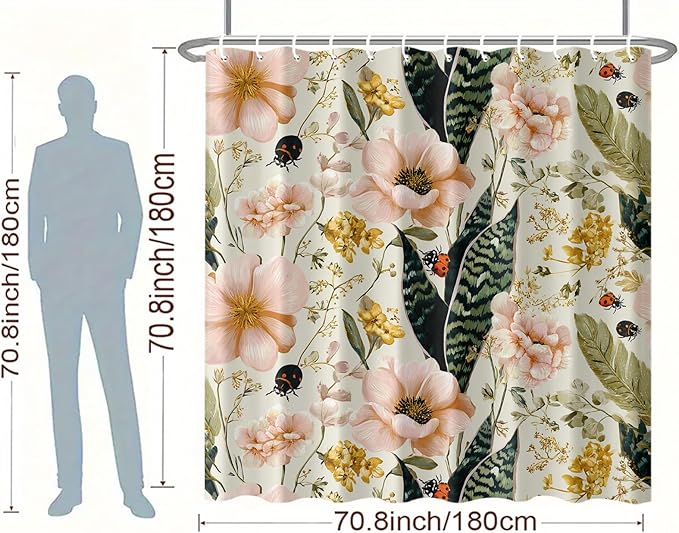 Floral Shower Curtain 72x72 Inch Botanical Flower and Ladybug Print Bathroom Curtain Vintage Garden Style for Cottagecore Decor