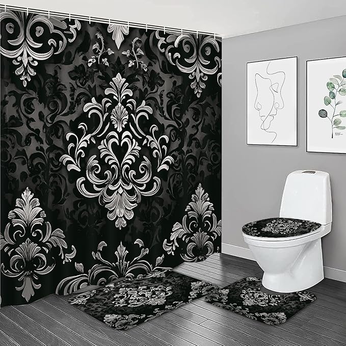 NBVKO 4Pcs Luxury Damascus White Flower Pattern Shower Curtain Set with 12 Hooks Non-Slip Rugs,Toilet Lid Cover and Bath Mat,Dark Gold Bathroom Decor for Hotel & Home Bathroom