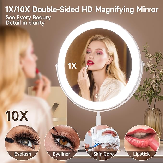 9" Extra Large Lighted Makeup Mirror, 1X/10X, 2-Sided Magnifying Mirror with 96 LEDs, 3 Color Dimmable Lights, 360° Swivel, LED Vanity Mirror, White - Great Gift