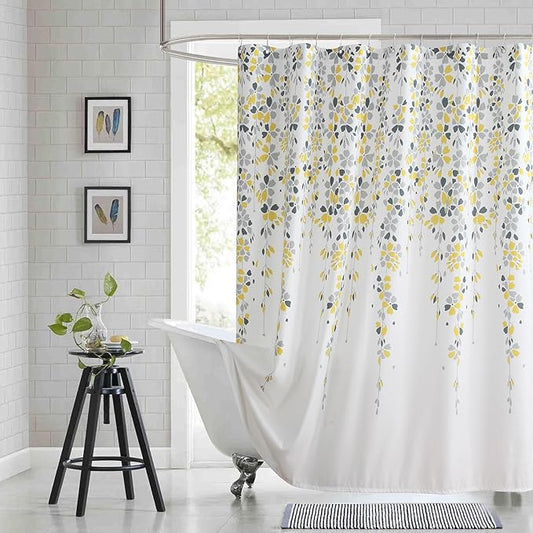 Fabric Shower Curtain, Yellow and Gray Floral Flower Shower Curtains for Bathroom, Waterproof Bathroom Curtains, 78" W x 72" H