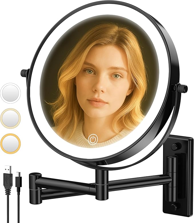 Wall Mounted Makeup Mirror with Lights, 8" Bathroom Vanity Magnifying Mirror Wall Mount with 1X/10X Magnification and Extendable Arm,Black