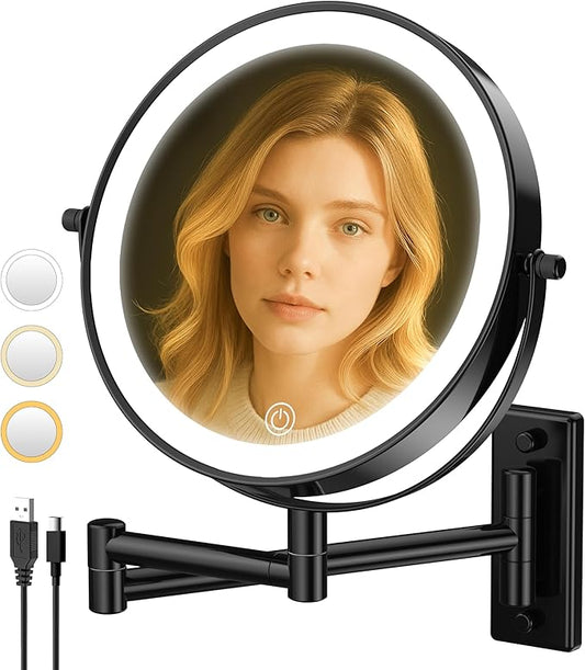 Wall Mounted Makeup Mirror with Lights, 8" Bathroom Vanity Magnifying Mirror Wall Mount with 1X/10X Magnification and Extendable Arm,Black