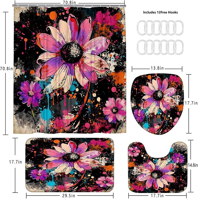 AZHM Watercolor Daisy Floral Shower Curtain Set 4 PCS Black and Pink Rustic Farmhouse Floral Bathroom Accessories Set Includes Shower Curtain, Non-Slip Rugs Toilet Lid Cover and Bath Mat and 12 Hooks