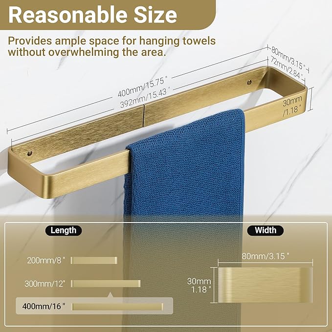 SAYAYO Brushed Gold Hand Towel Holder for Bathroom Wall, 16 Inch Self Adhesive Towel Bar Hand Towel Rack Square Heavy Duty
