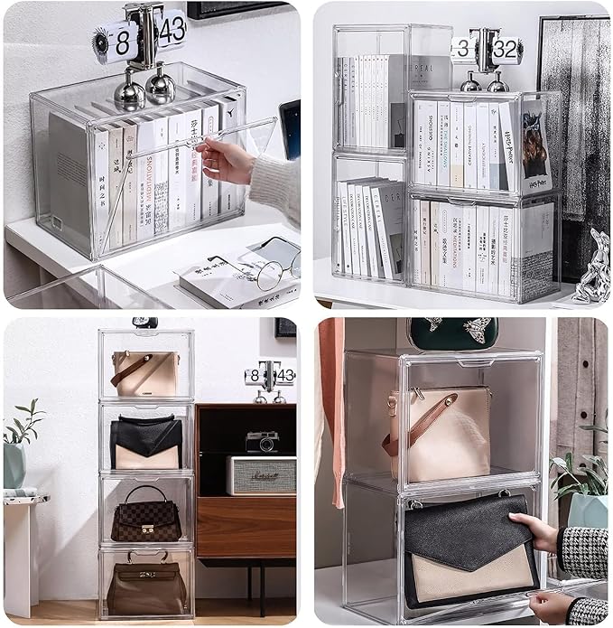 GUDEMAY Clear Stackable Plastic Storage Bins with Magnetic Lid, Dustproof Book & Cosmetic Acrylic Display Cases, Large Figures Collectibles Showcase, Shoe Box, Protection Organizer (L, Count, 3)