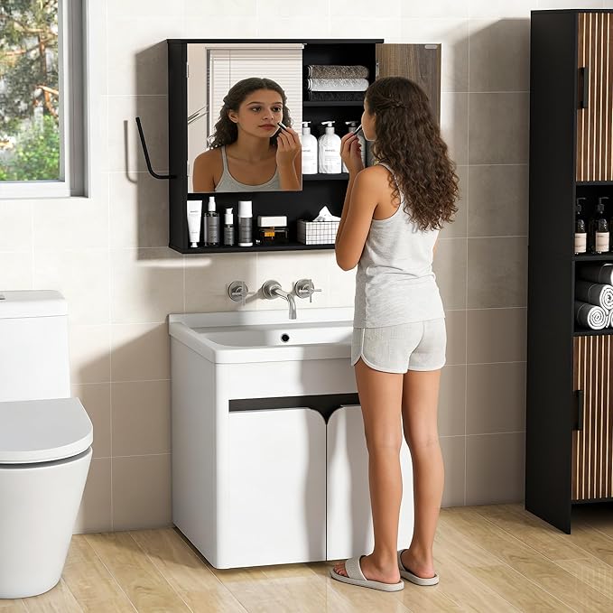 Bathroom Wall Cabinet With Mirror,wall mounted bathroom cabinet,Medicine Cabinet with 2 Door ,Side Hook,Light and Adjustable Shelves,Black Cabinet with Wood Grain,Over The Toilet Space Saver Cabinet.